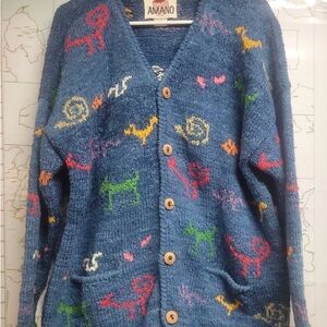 AMANO Hand Knitted Blue Wool Sweater-Cardigan L/XL Animals
Snakes Tribal Aztec